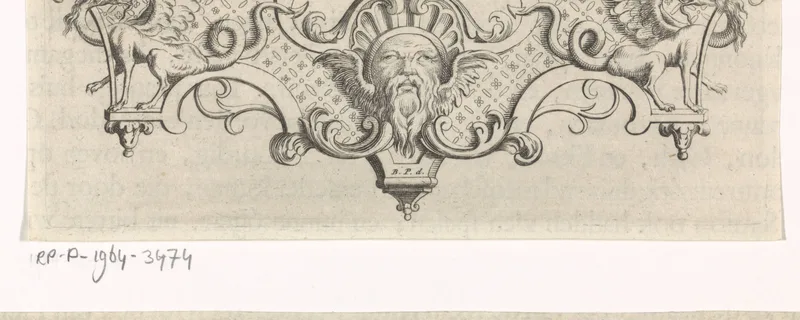 Vignet met een mascaron, rolwerk en hybride wezens Wall Art by Unknown artist - High-Resolution Digital Print