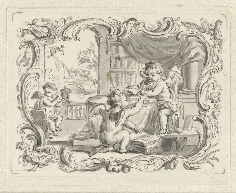 Vignet met putto, schrijvend in studeervertrek Wall Art by Abraham Delfos - High-Resolution Digital Print