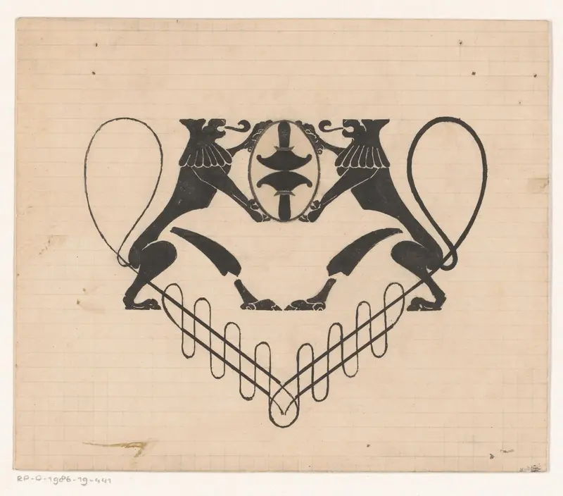Vignet met twee leeuwen die een ovaal vasthouden Wall Art by Reinier Willem Petrus de Vries (1874-1953) - High-Resolution Digital Print