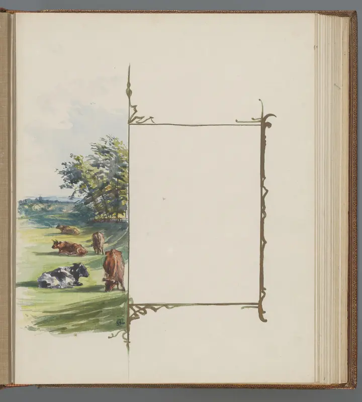 Vignet naast landschap met koeien Wall Art by Unknown - High-Resolution Digital Print