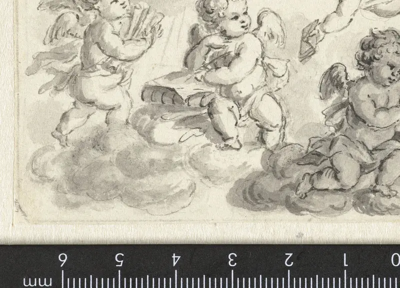 Vignet van putti op wolken met boeken Wall Art by Abraham Delfos - High-Resolution Digital Print