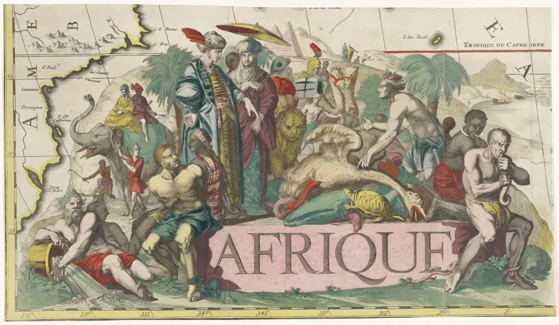 Vignet voor een kaart van Afrika met dieren en figuren Wall Art by Unknown - High-Resolution Digital Print