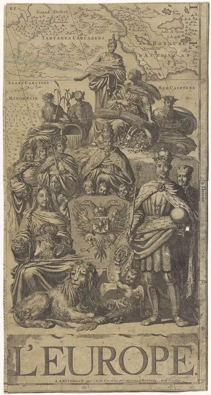 Vignet voor een kaart van Europa met machthebbers en personificaties Wall Art by Unknown - High-Resolution Digital Print