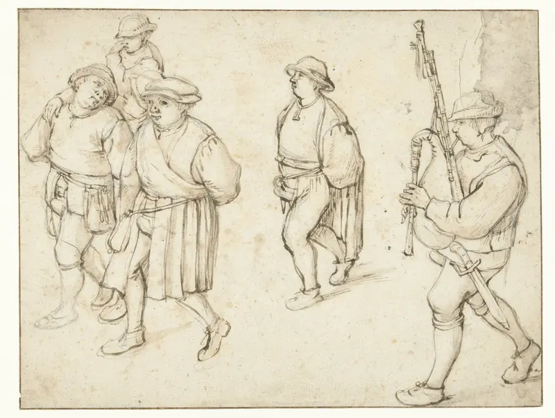 Vijf boeren en een doedelzakspeler uit een bruiloftsoptocht Wall Art by Unknown - High-Resolution Digital Print