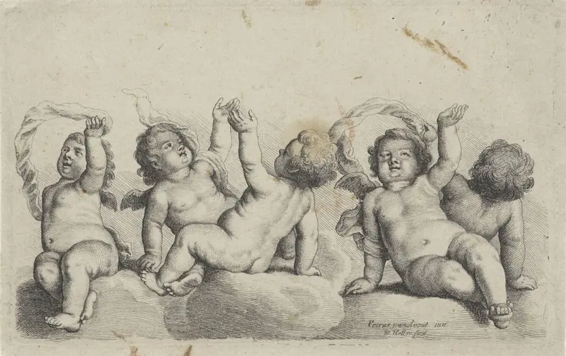 Vijf cherubijnen zittend op wolken Wall Art by Unknown - High-Resolution Digital Print