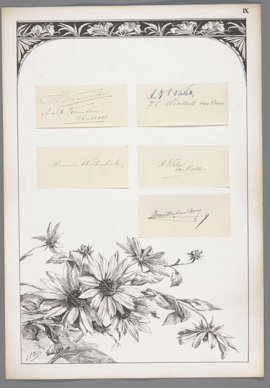 Vijf handtekeningen geplakt op een blad met bloemen en decoratieve rand Wall Art by Unknown - High-Resolution Digital Print