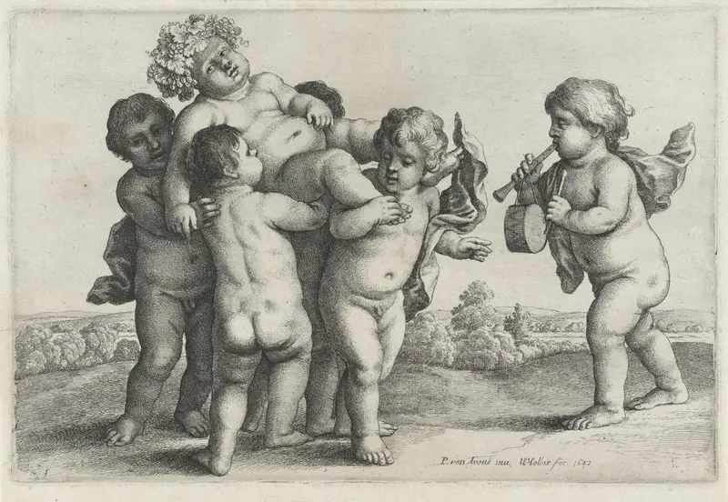 Vijf jongetjes dragen een met wijnranken gekroonde jongeling Wall Art by Unknown - High-Resolution Digital Print