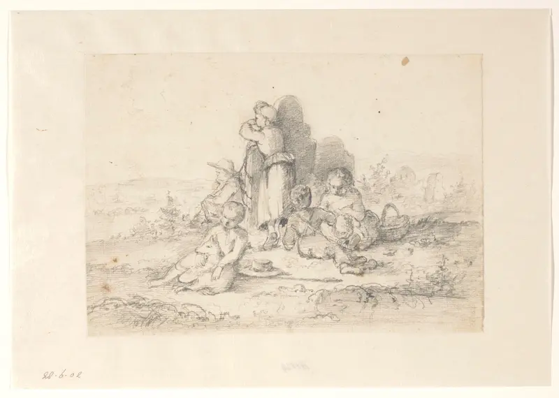 Vijf kinderen bij een grote staande grafsteen Wall Art by Hendrik Valkenburg - High-Resolution Digital Print