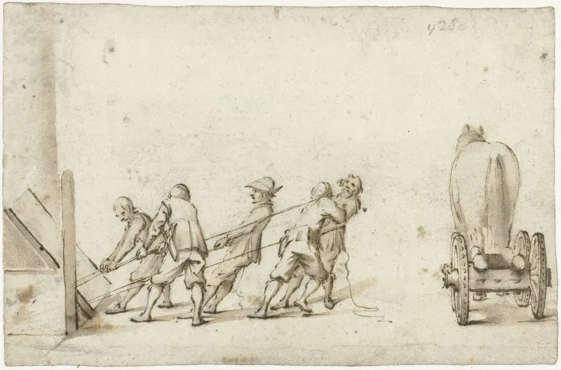 Vijf mannen die een zwaar voorwerp uit een kelder trekken Wall Art by Gerard ter Borch (II) - High-Resolution Digital Print
