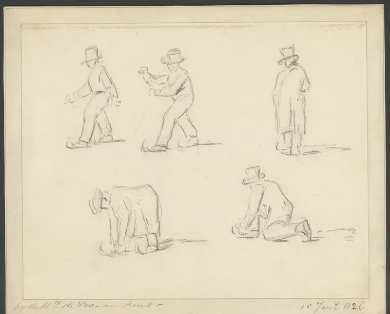 Vijf mannen met hoge hoeden in verschillende houdingen Wall Art by Unknown - High-Resolution Digital Print
