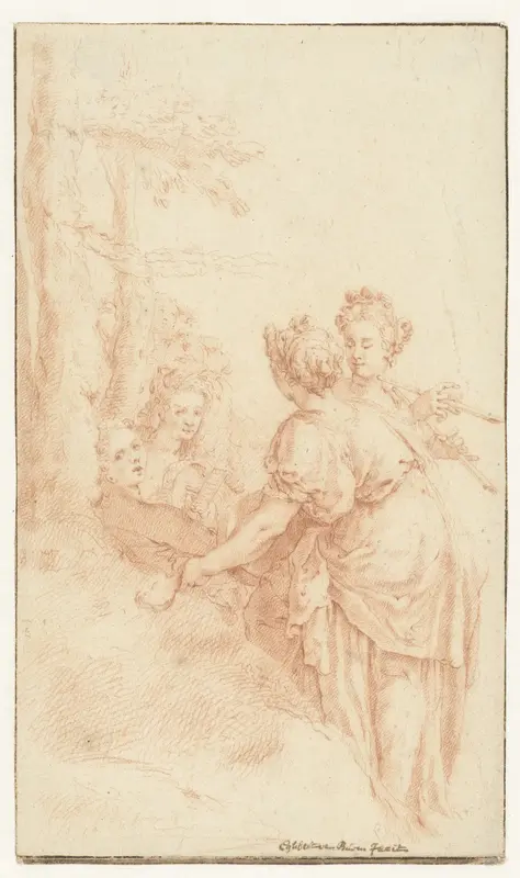 Vijf musicerende vrouwen in een landschap Wall Art by Egbert van Buren - High-Resolution Digital Print
