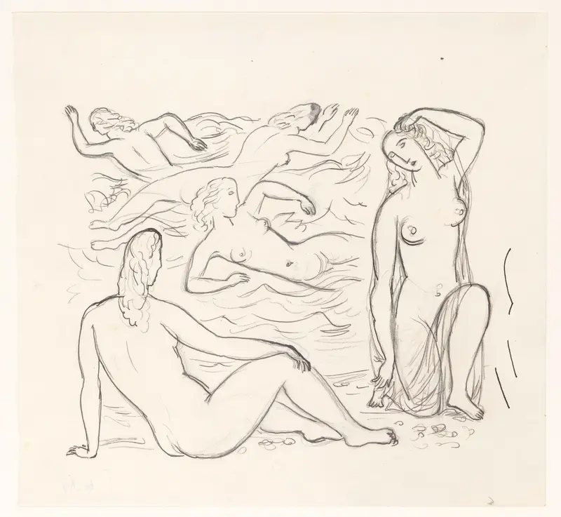 Vijf naakte vrouwen, in de branding of aan het strand Wall Art by Leo Gestel - High-Resolution Digital Print