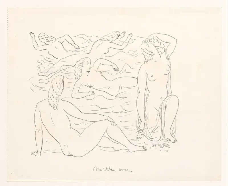 Vijf naakte vrouwen, zwemmend in de branding of aan het strand Wall Art by Leo Gestel - High-Resolution Digital Print
