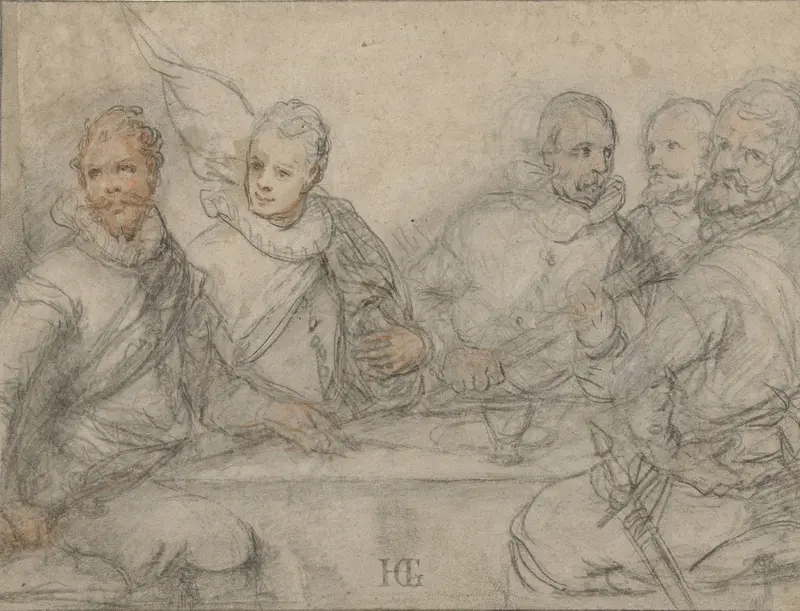 Vijf officieren, studie voor een schuttersmaaltijd. Wall Art by Hendrick Goltzius - High-Resolution Digital Print