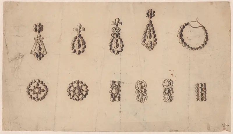 Vijf oorbellen en zes broches met parels Wall Art by anonymous - High-Resolution Digital Print