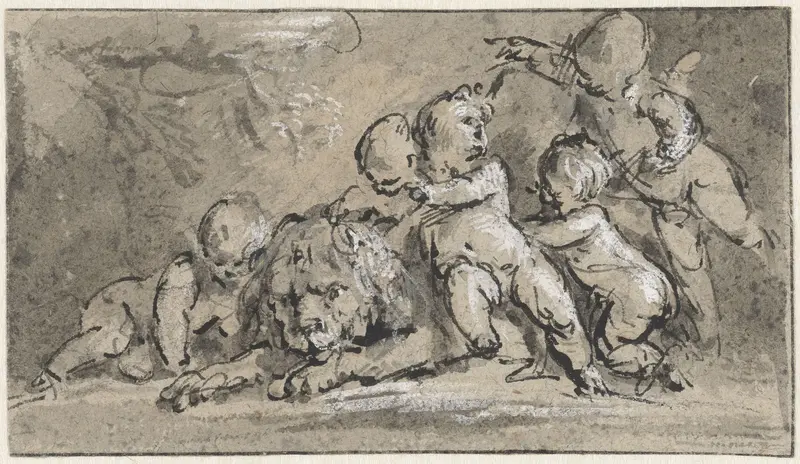 Vijf putti bij een liggende leeuw Wall Art by Jacob de Wit - High-Resolution Digital Print