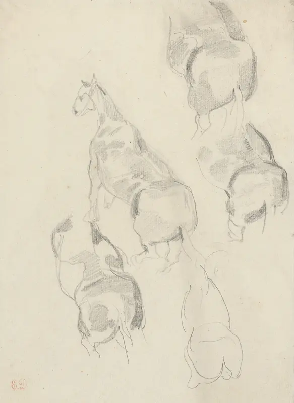 Vijf studies van een paard, uit een raam gezien, schuin van achteren Wall Art by Unknown - High-Resolution Digital Print