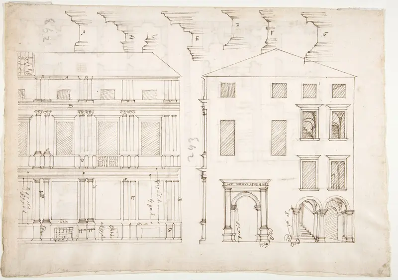 Villa Farnesina, Stables, half front elevation and end elevation (recto) Palazzo Salviati-Adimari, plan (verso)