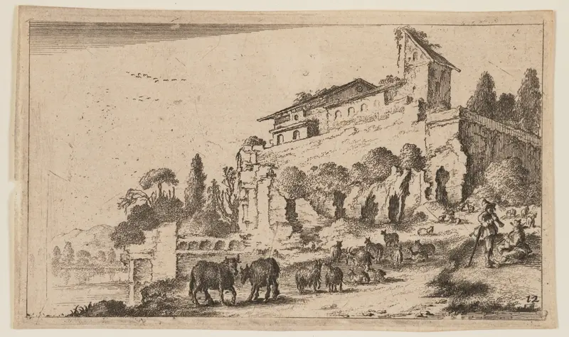 Villa Incorporating Ruins on a Rise to Right of River, from Twelve Landscapes Wall Art by Gillis van Scheyndel - High-Resolution Digital Print