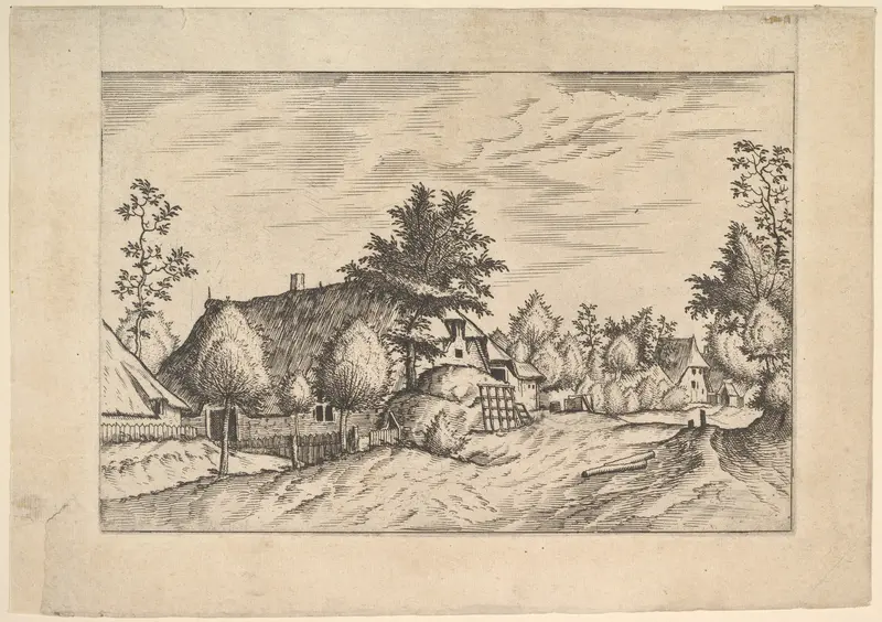 Village Street, hay stacked in front of a farm from Praediorum villarum et rusticarum casularum icones elenoantissimae ad vivum in apre deformatae Wall Art by Johannes van Doetecum I - High-Resolution Digital Print