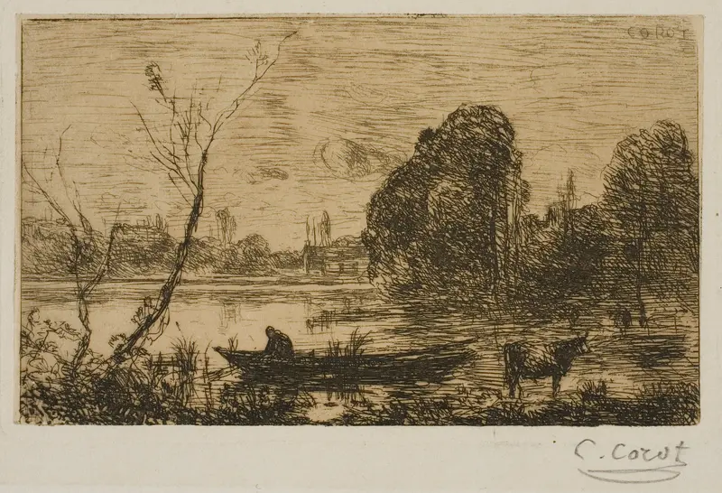 Ville d'Avray: Pond with Boatman, Evening Wall Art by Jean Baptiste Camille Corot - High-Resolution Digital Print