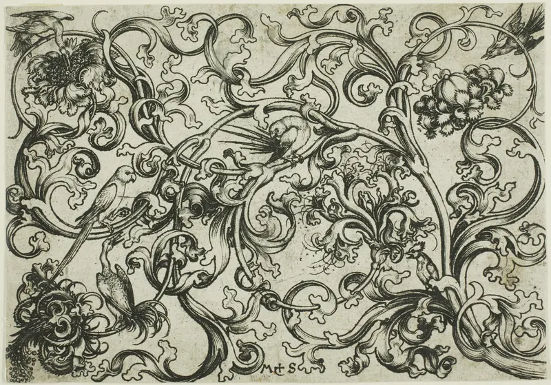 Vine Ornament with Parrots and Birds Wall Art by Martin Schongauer - High-Resolution Digital Print