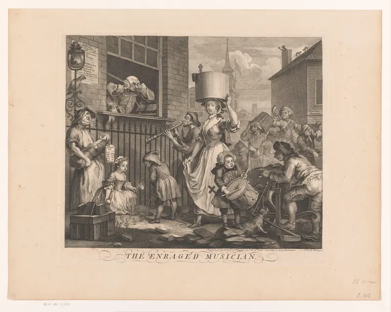 Vioolspeler houdt zijn handen tegen zijn oren tegen het lawaai op straat Wall Art by Unknown - High-Resolution Digital Print