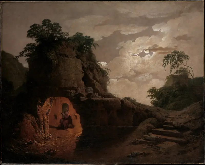Virgil's Tomb by Moonlight, with Silius Italicus Declaiming Wall Art by Joseph Wright (Wright of Derby) - High-Resolution Digital Print