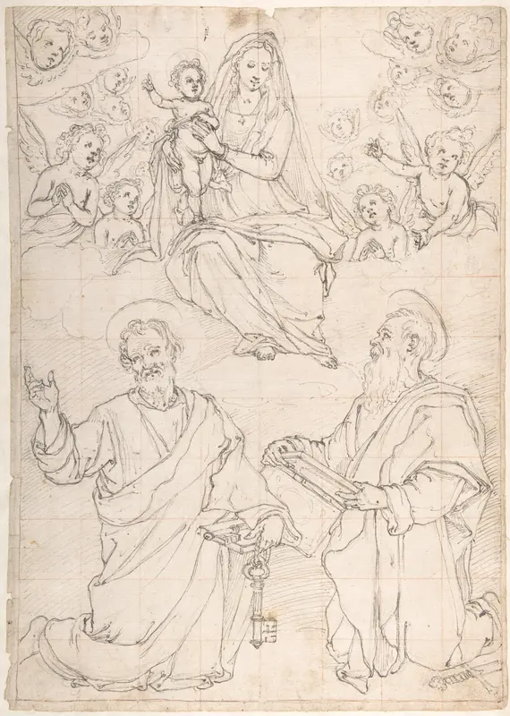 Virgin and Child Appearing in a Glory of Angels to Saint Peter and Saint Paul Wall Art by Jacopo da Empoli (Jacopo Chimenti) - High-Resolution Digital Print