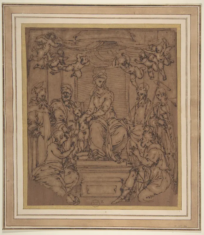 Virgin and Child Enthroned with Saint Anthony Abbot, Saint Peter, Saint Paul, Saint Julian the Hospitaler, Saint Roch, and Saint Mary Magdalen? Wall Art by Perino del Vaga (Pietro Buonaccorsi) - High-Resolution Digital Print