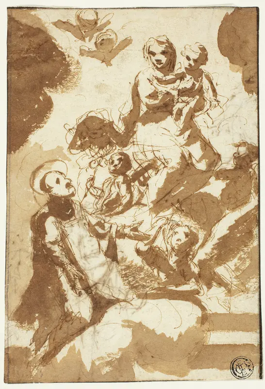 Virgin and Child on Clouds with Kneeling Male Saint (recto); Sketch of Two Female Figures (verso) Wall Art by Unknown Bolognese - High-Resolution Digital Print