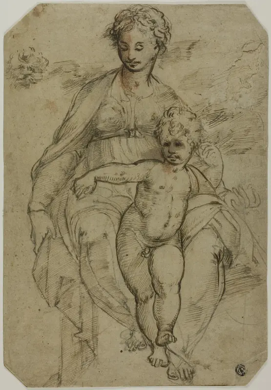 Virgin and Child (recto); Sketch of Three Saints and Caricature Sketch (verso) Wall Art by Parmigianino - High-Resolution Digital Print
