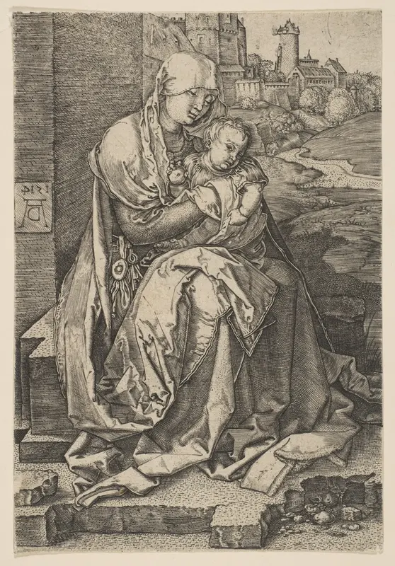 Virgin and Child Seated by the Wall (reverse copy) Wall Art by Albrecht Dürer - High-Resolution Digital Print