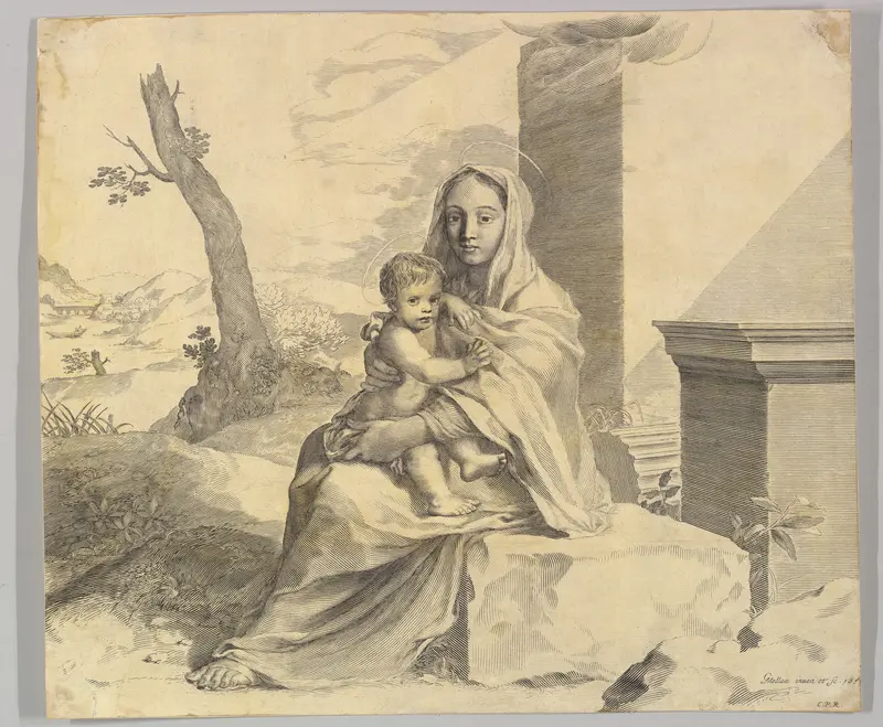 Virgin and Child Seated on a Rock (Vierge à l'Enfant dans des ruines) Wall Art by Claude Mellan - High-Resolution Digital Print