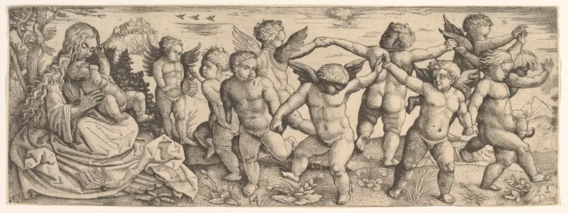 Virgin and Child with Angels Dancing in a Landscape Wall Art by Daniel Hopfer - High-Resolution Digital Print