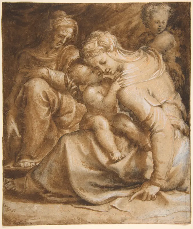 Virgin and Child with Saint Anne and John the Baptist Wall Art by Francesco Salviati (Francesco de' Rossi) - High-Resolution Digital Print