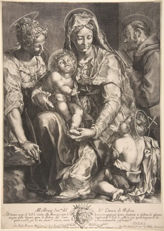 Virgin and Child with Saint Catherine, Francis of Assisi and John the Baptist Wall Art by Giovanni Battista Bonacina - High-Resolution Digital Print