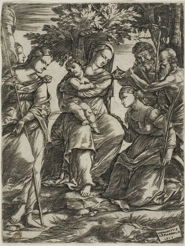 Virgin and Child with Saints Wall Art by Domenico Campagnola - High-Resolution Digital Print
