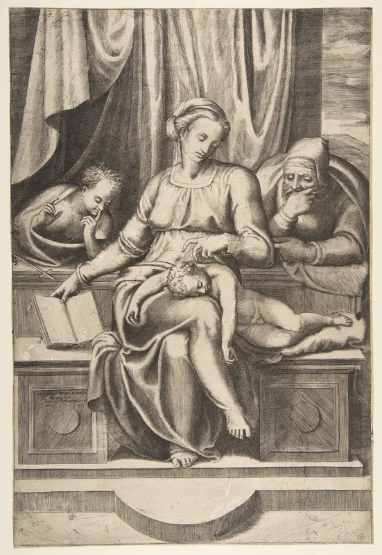 Virgin and Child with Saints Joseph and John the Baptist (after Michelangelo's Madonna del Silenzio) Wall Art by Giulio Bonasone - High-Resolution Digital Print