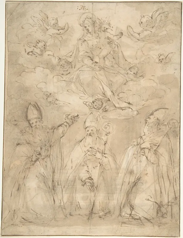 Virgin and Child Worshipped by Three Bishops Wall Art by Anonymous, Italian, 16th century - High-Resolution Digital Print