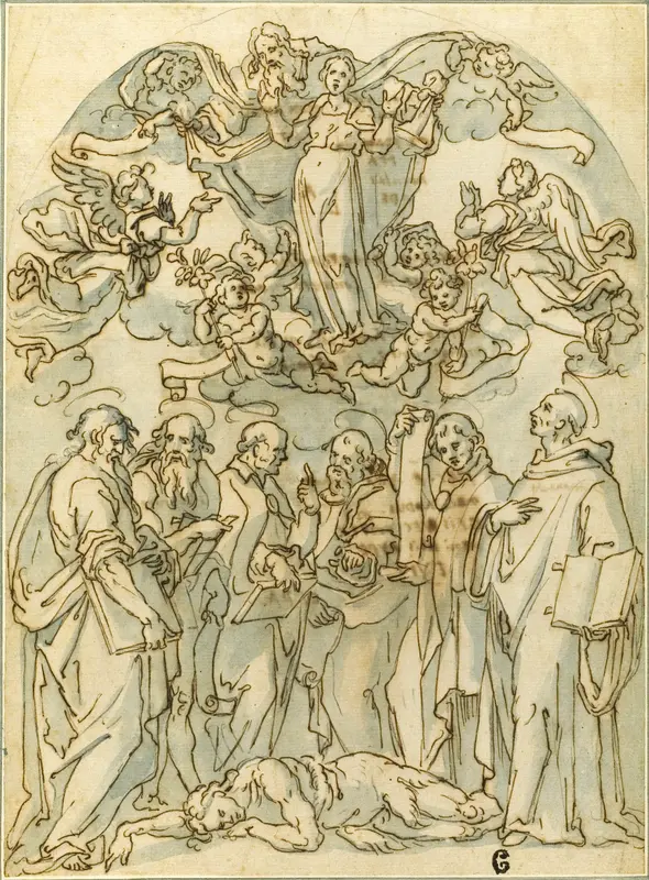 Virgin in Glory with Saints including St. John at their Feet Wall Art by Lazzaro Tavarone - High-Resolution Digital Print