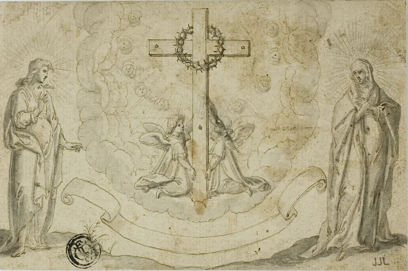 Virgin Mary and St. John the Evangelist Beholding a Vision of the Cross Held by Two Angels Wall Art by Christoph Schwarz - High-Resolution Digital Print