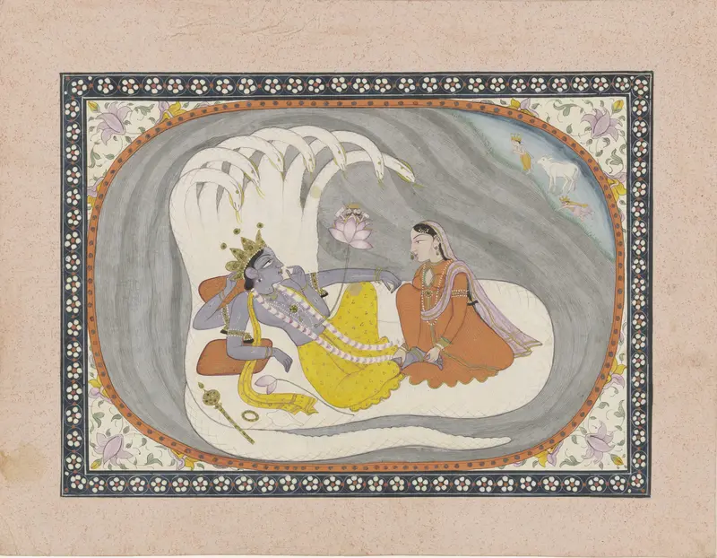 Vishnu ligt op de slang Ananta, Bhumi zit voor hem Wall Art by anonymous - High-Resolution Digital Print