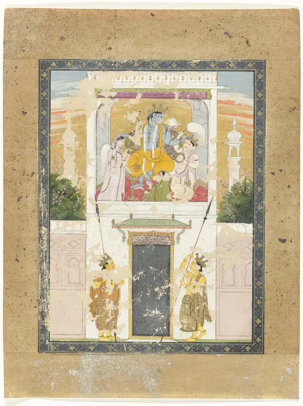 Vishnu zittend op een troon op de eerste verdieping van een gebouw Wall Art by anonymous - High-Resolution Digital Print