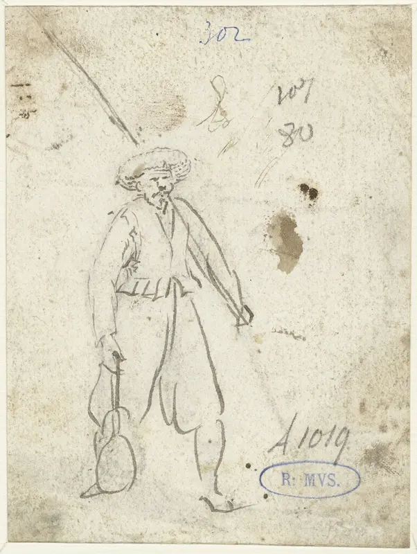 Visser met een hengel en een tas, naar rechts Wall Art by Unknown - High-Resolution Digital Print