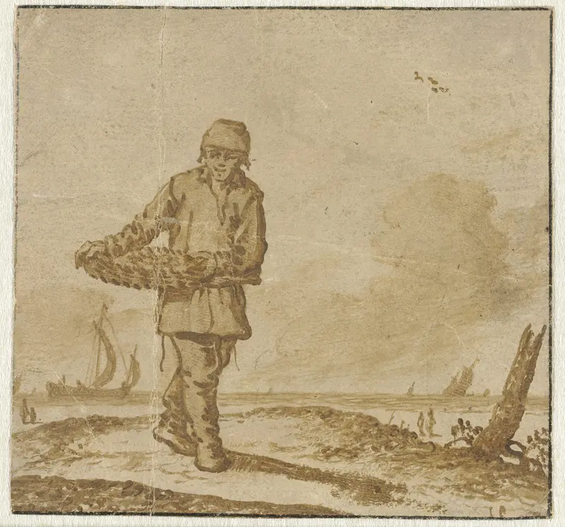 Visser met een vismand op het strand Wall Art by Unknown - High-Resolution Digital Print