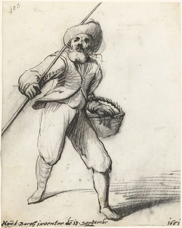 Visser met hengel en mand Wall Art by Unknown - High-Resolution Digital Print