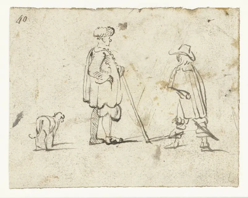 Visser pratend met een man in een mantel, vergezeld door een hond Wall Art by Unknown - High-Resolution Digital Print