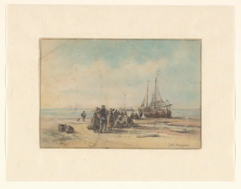 Vissers bij aangemeerde schepen op het strand Wall Art by Unknown - High-Resolution Digital Print