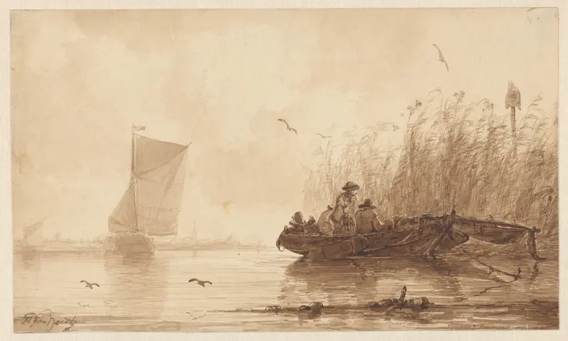 Vissers in een bootje bij een rietkraag Wall Art by Unknown - High-Resolution Digital Print